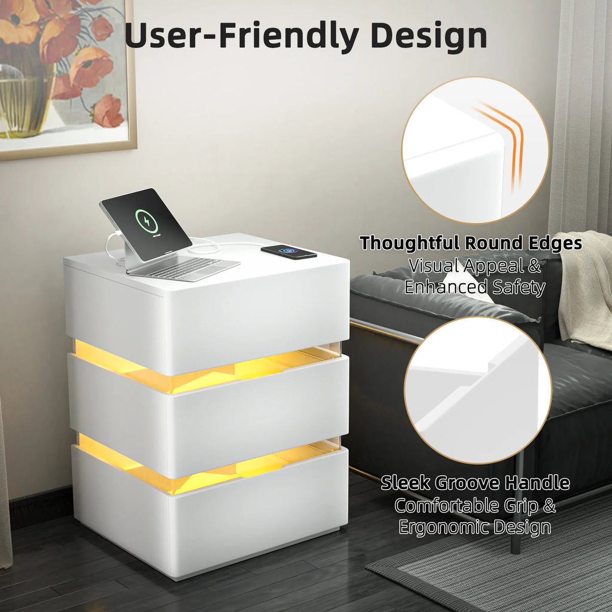 LEADZM LED-Nachttisch mit 3 Schubladen, Steckdosen und USB-Anschlüssen, Weiß