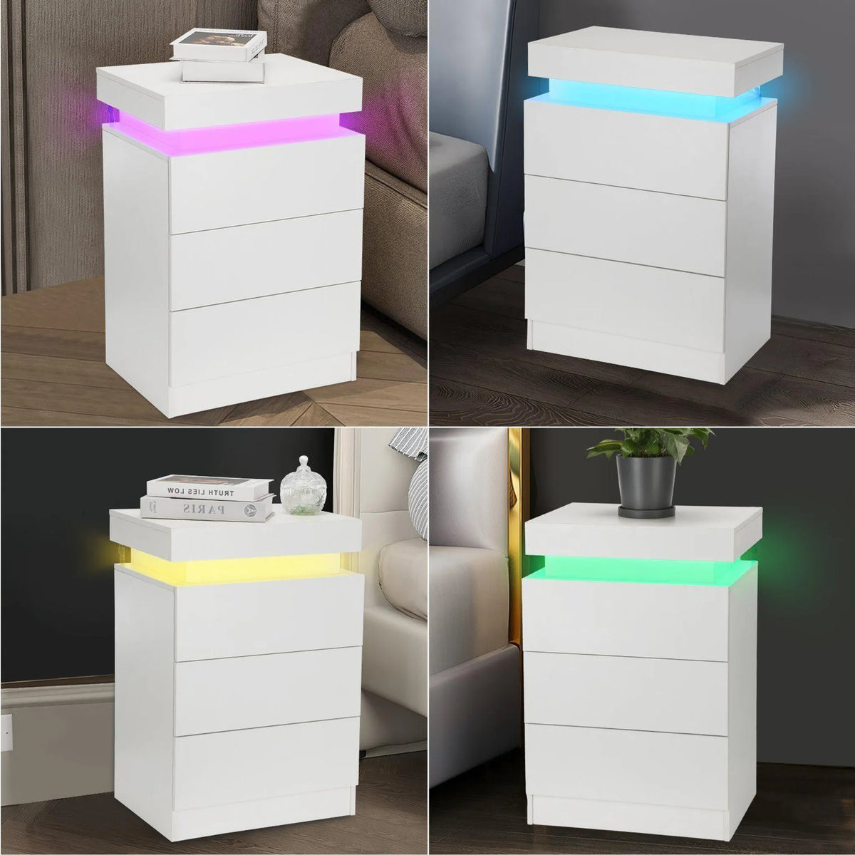 OYAJIA LED-Nachttisch mit 3 Schubladen, Hochglanz