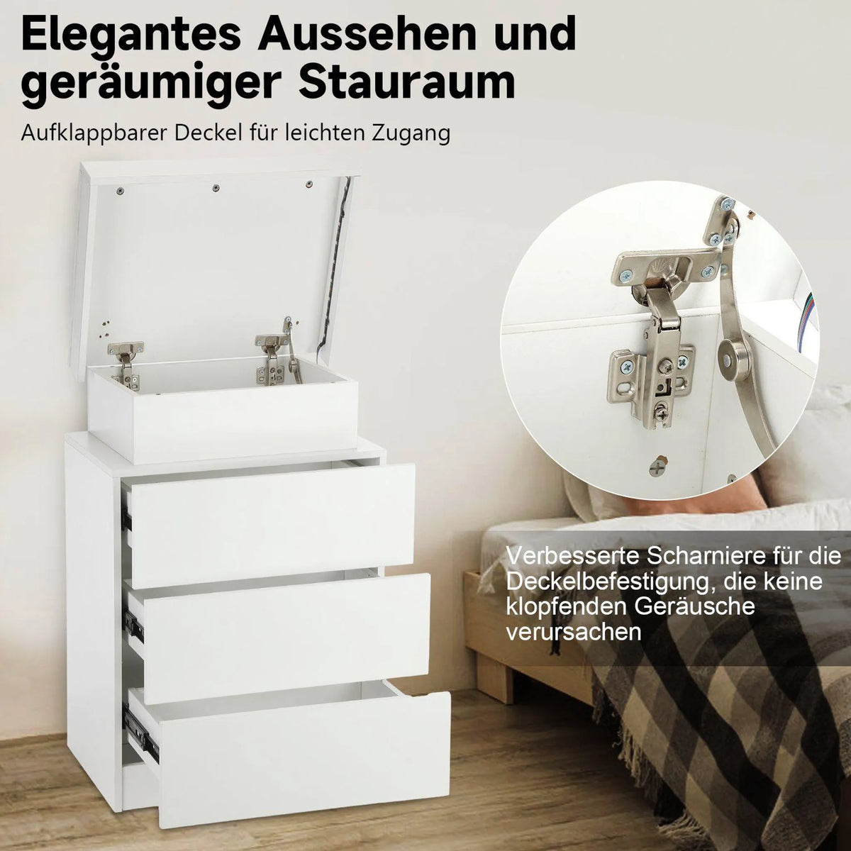 OYAJIA LED-Nachttisch mit 3 Schubladen, Hochglanz