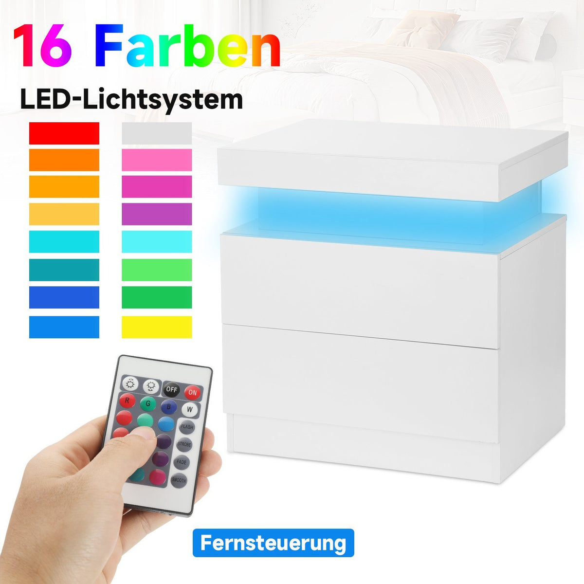 Hochglanz-Nachttisch mit 2 Schubladen und 16-farbiger LED-Beleuchtung