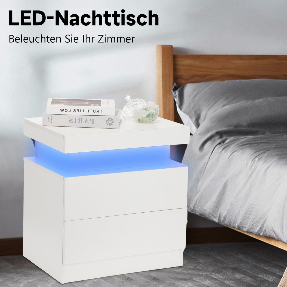 Hochglanz-Nachttisch mit 2 Schubladen und 16-farbiger LED-Beleuchtung