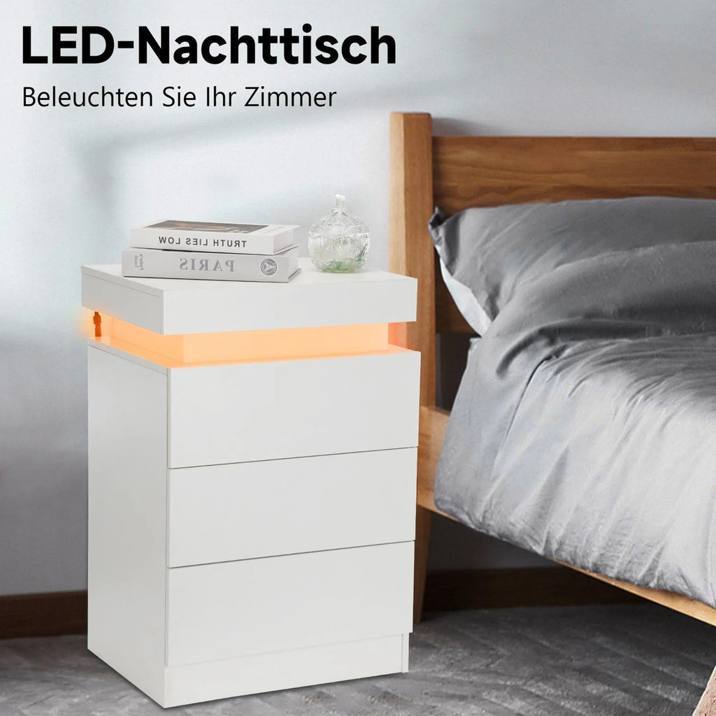 OYAJIA LED-Nachttisch mit 3 Schubladen, Hochglanz